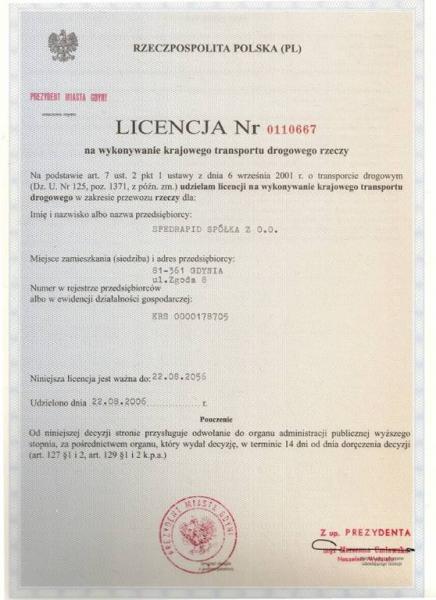 Licencja na wykonywanie transportu