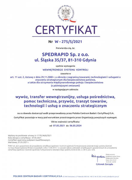 W 275 5 2021 SPEDRAPID certyfikat pol